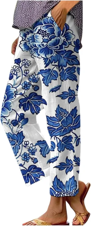 Womens Summer Casual Pants Boho Floral Elastic Waist Straight Leg Trousers Loose Comfy Linen Beach Pants with Pockets