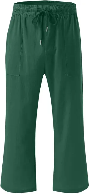 Womens Summer Cotton Linen Capri Casual Drawstring Elastic Waist Wide Leg Cropped Pants Beach Vacation Outfits
