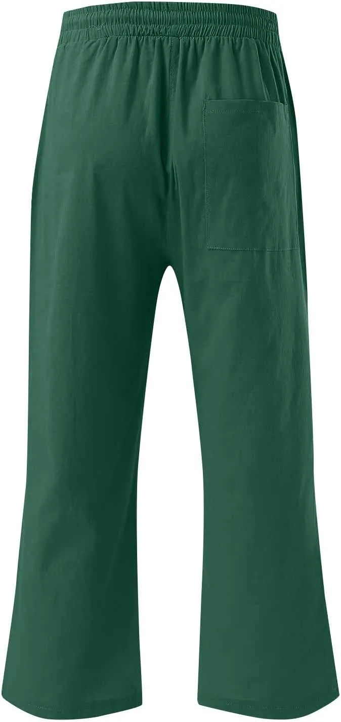 Womens Summer Cotton Linen Capri Casual Drawstring Elastic Waist Wide Leg Cropped Pants Beach Vacation Outfits