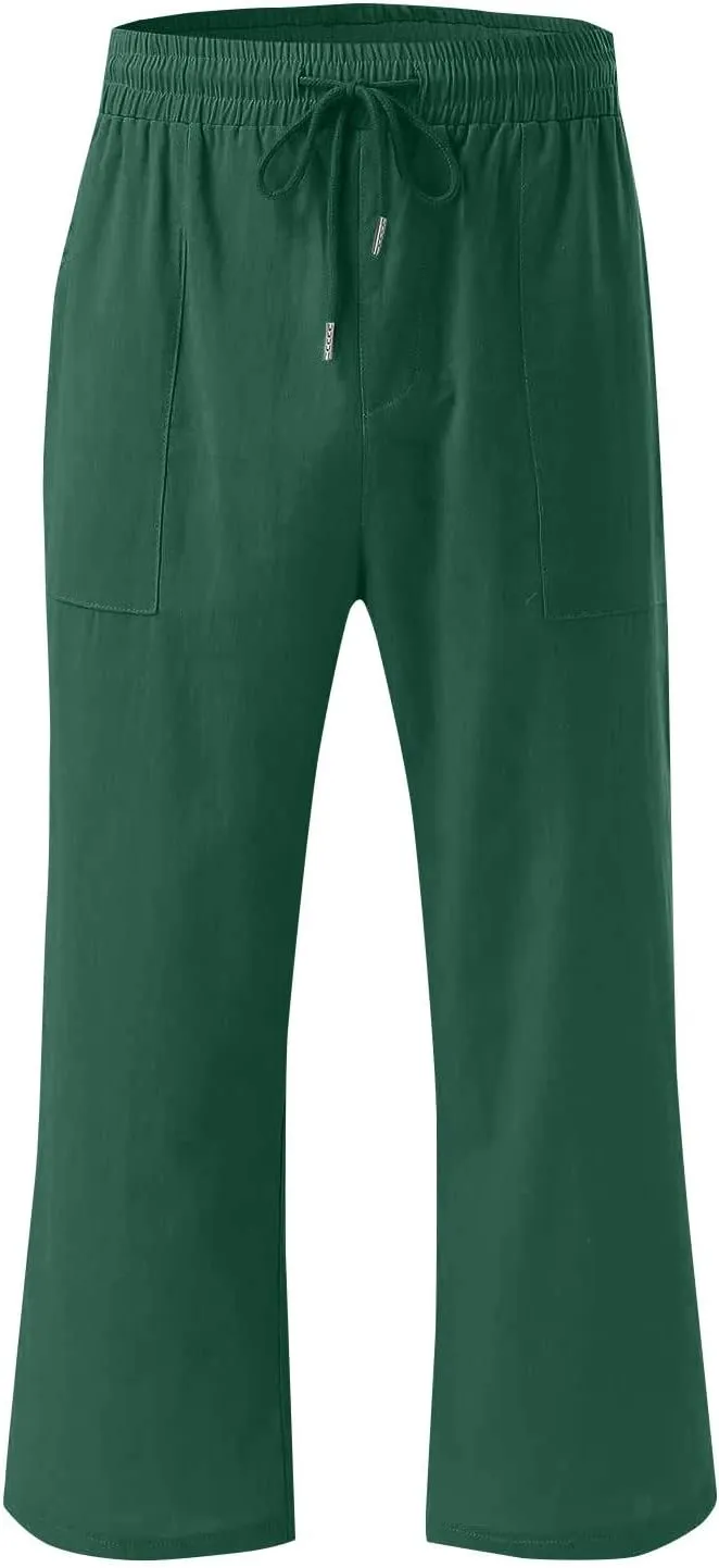 Womens Summer Cotton Linen Capri Casual Drawstring Elastic Waist Wide Leg Cropped Pants Beach Vacation Outfits