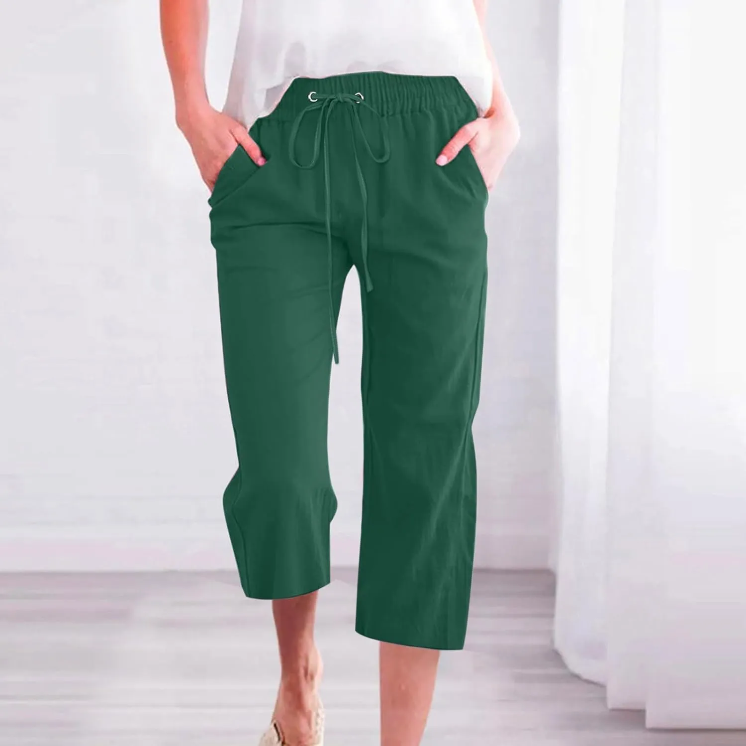 Womens Summer Cotton Linen Capri Casual Drawstring Elastic Waist Wide Leg Cropped Pants Beach Vacation Outfits