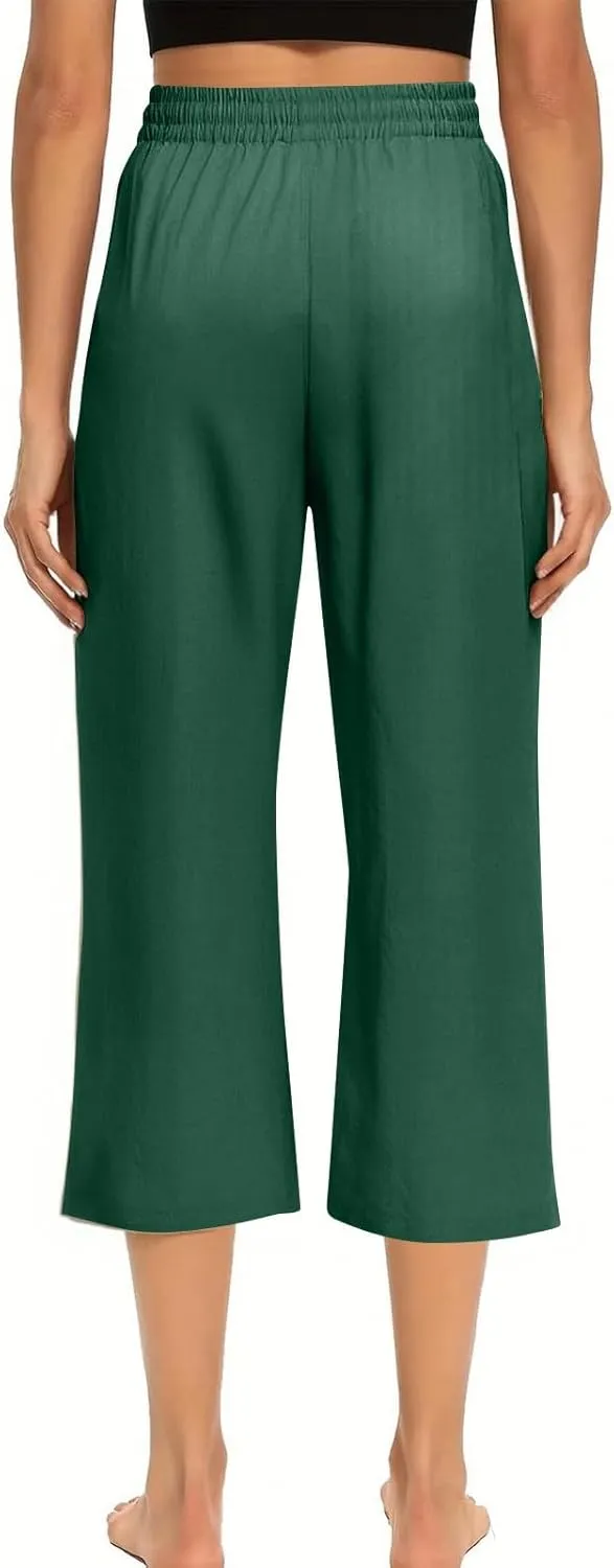Womens Summer Cotton Linen Capri Casual Drawstring Elastic Waist Wide Leg Cropped Pants Beach Vacation Outfits