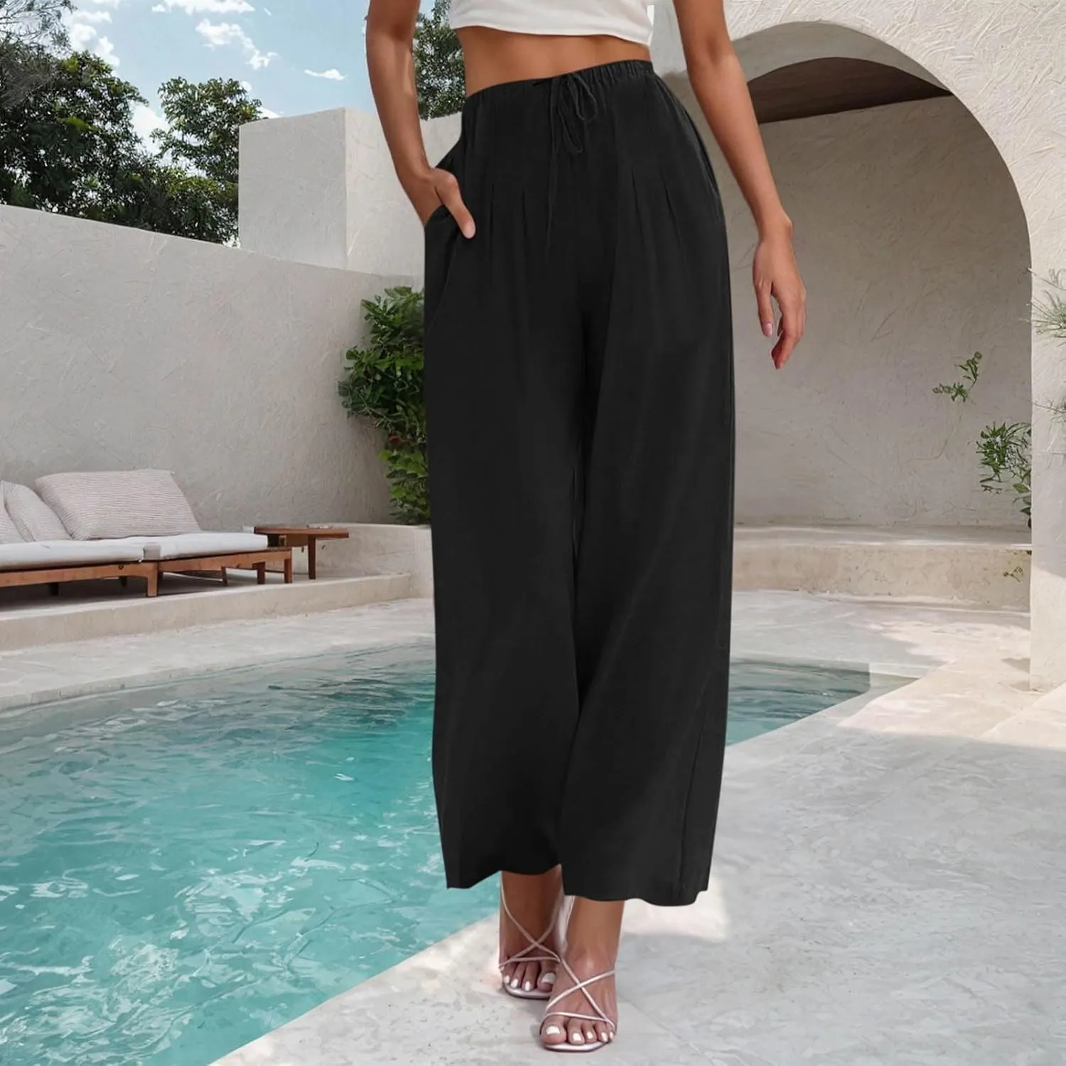Women's Summer Cotton Linen Pants Flowy Wide Leg Beach Palazzo Pant Casual Lightweight Boho Trousers with Pockets