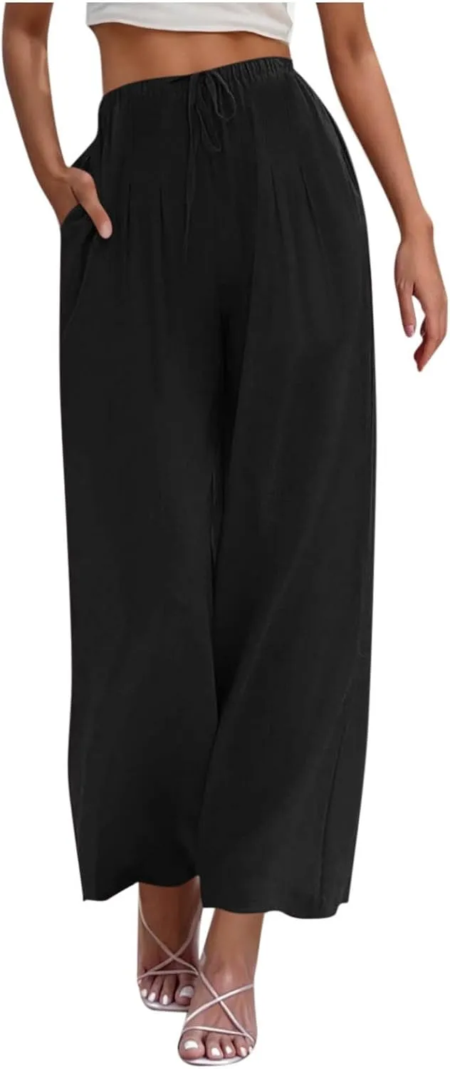 Women's Summer Cotton Linen Pants Flowy Wide Leg Beach Palazzo Pant Casual Lightweight Boho Trousers with Pockets