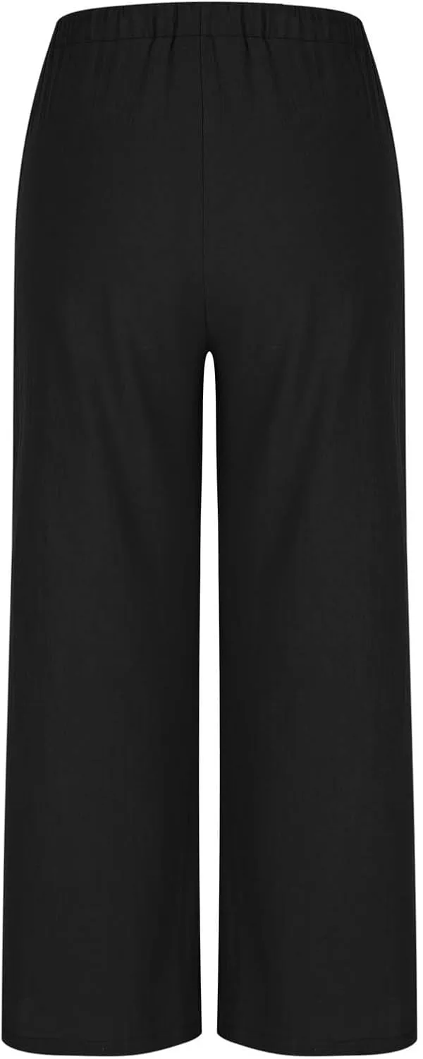 Women's Summer Cotton Linen Pants Flowy Wide Leg Beach Palazzo Pant Casual Lightweight Boho Trousers with Pockets