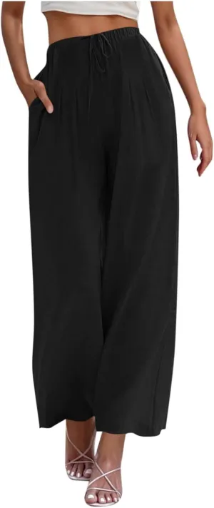 Women's Summer Cotton Linen Pants Flowy Wide Leg Beach Palazzo Pant Casual Lightweight Boho Trousers with Pockets
