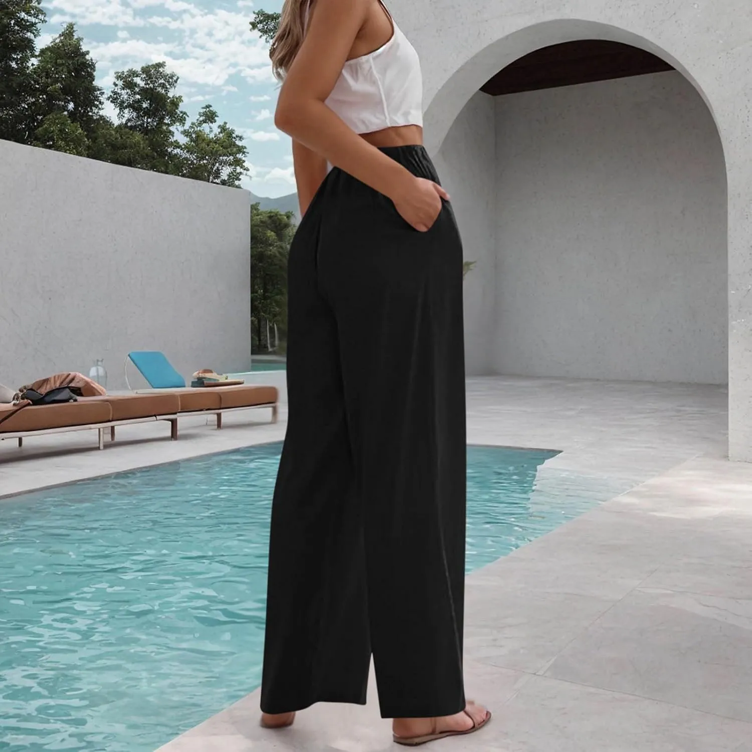 Women's Summer Cotton Linen Pants Flowy Wide Leg Beach Palazzo Pant Casual Lightweight Boho Trousers with Pockets