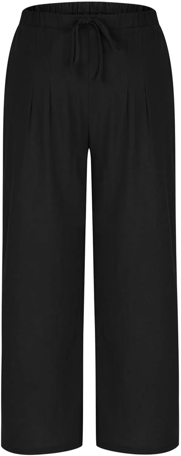 Women's Summer Cotton Linen Pants Flowy Wide Leg Beach Palazzo Pant Casual Lightweight Boho Trousers with Pockets