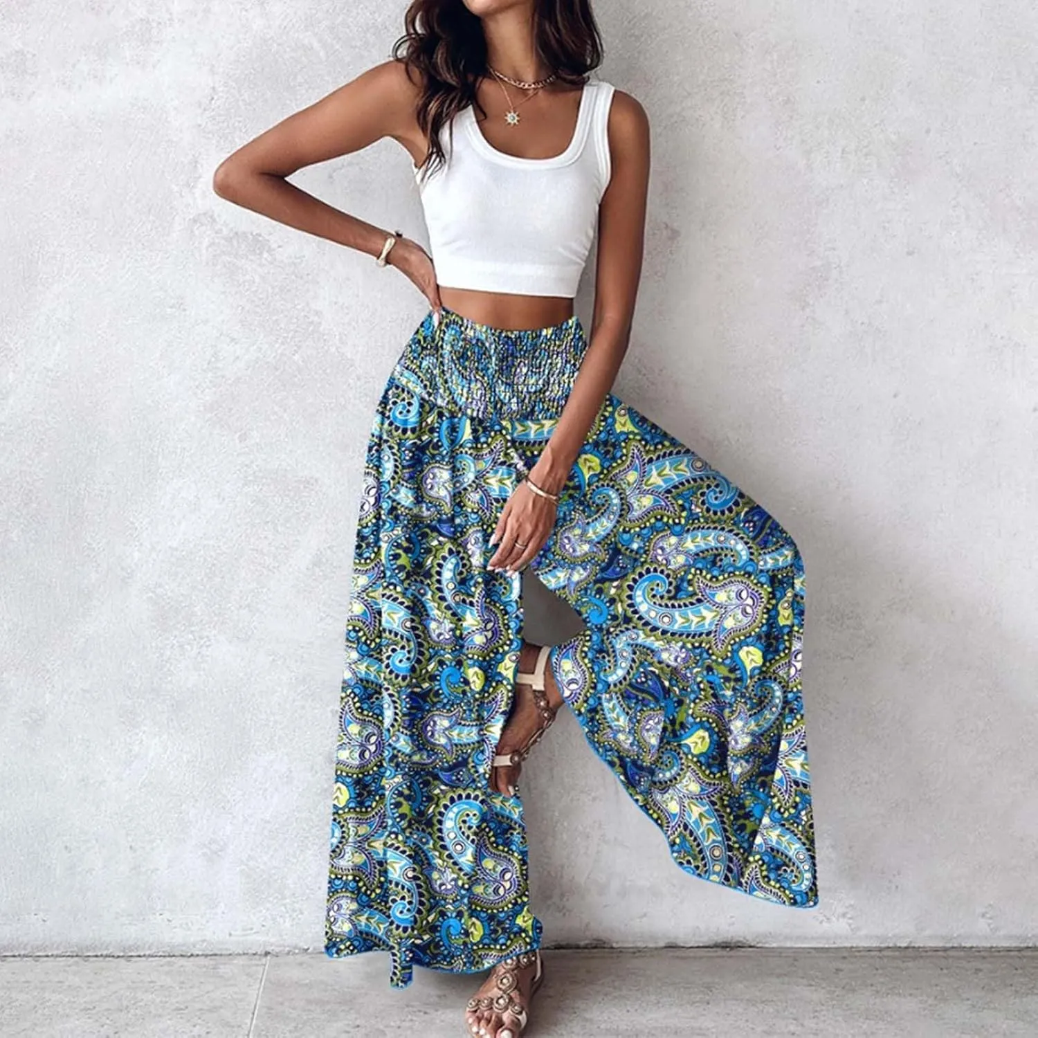 Women's Wide Leg Culottes Pants Casual Elastic High Waist Vintage Floral Loose Fit Trousers Flowy Beach Dressy Pants