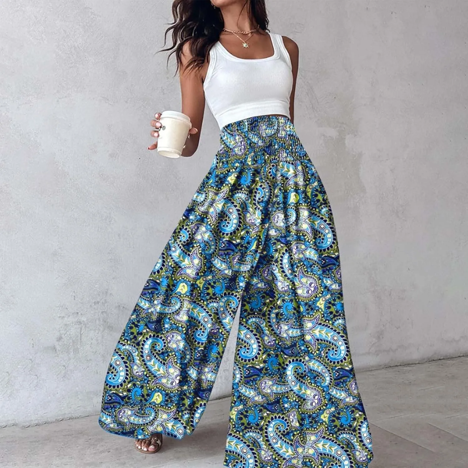 Women's Wide Leg Culottes Pants Casual Elastic High Waist Vintage Floral Loose Fit Trousers Flowy Beach Dressy Pants
