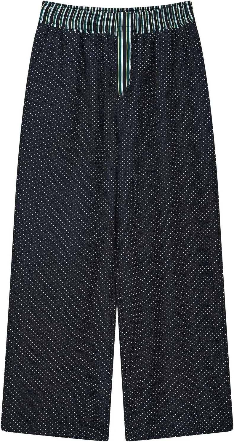 Women's Wide Leg Pants Boho Plaid Print Elastic High Waist Lounge Pants Loose Comfy Summer Beach Trousers