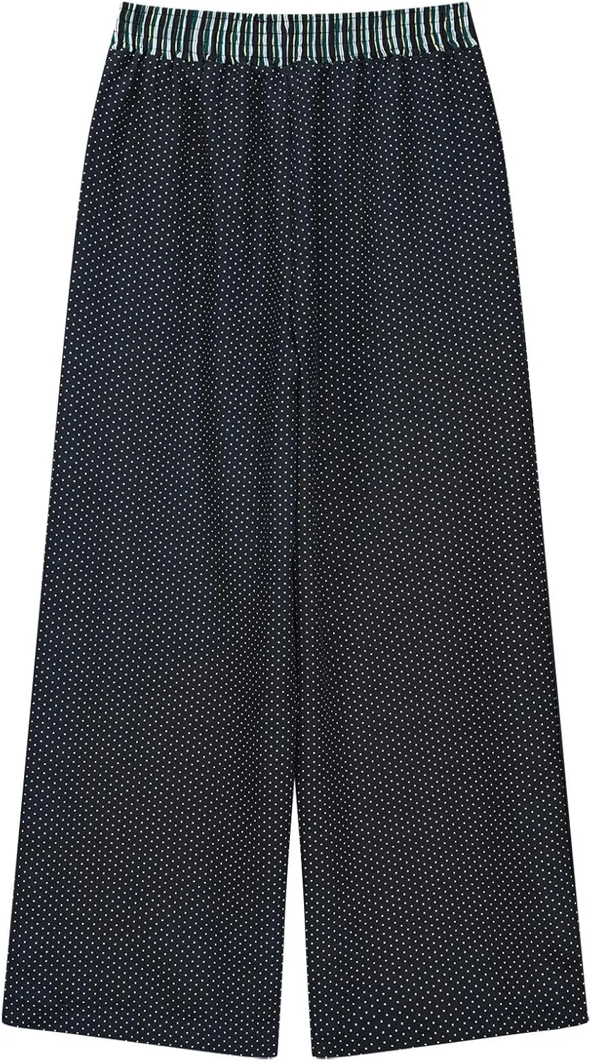 Women's Wide Leg Pants Boho Plaid Print Elastic High Waist Lounge Pants Loose Comfy Summer Beach Trousers