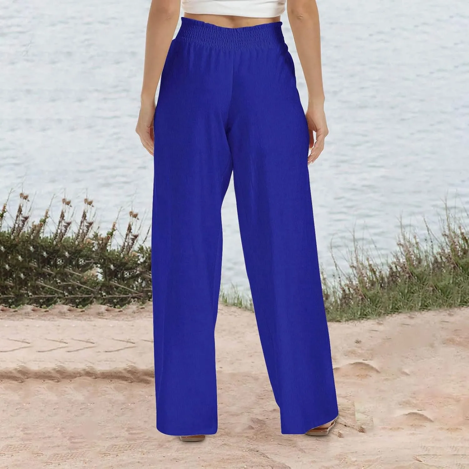 Womens Wide Leg Pants Smocked Elastic High Waist Flowy Trousers 2025 Casual Summer Beach Boho Culottes with Pockets