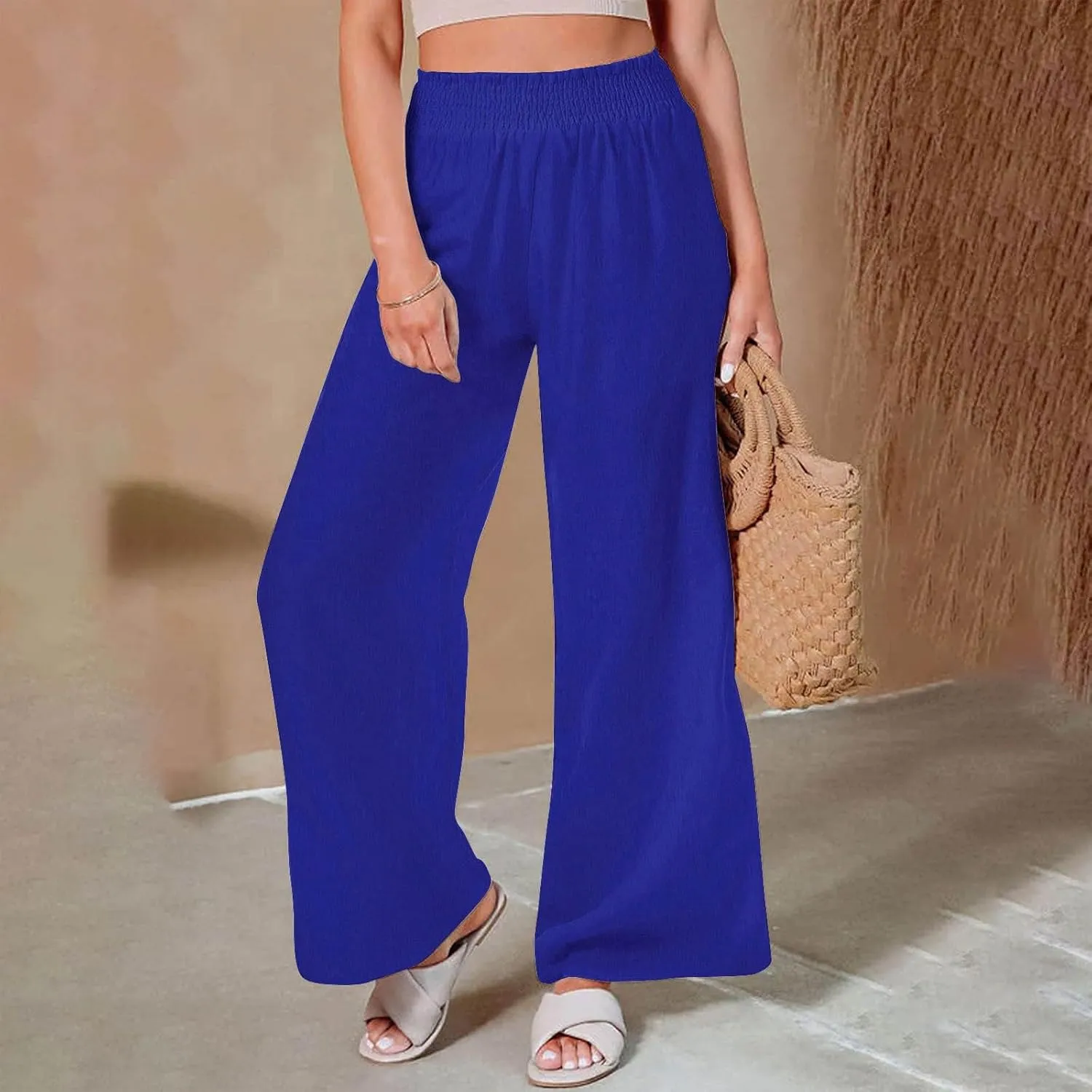 Womens Wide Leg Pants Smocked Elastic High Waist Flowy Trousers 2025 Casual Summer Beach Boho Culottes with Pockets