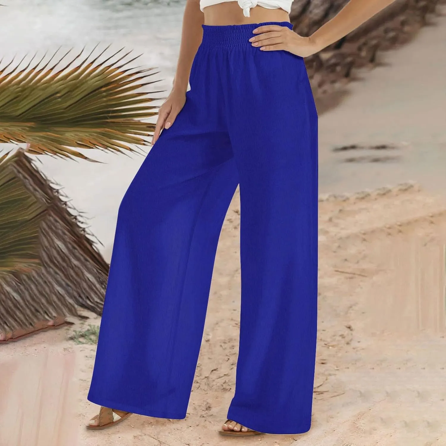 Womens Wide Leg Pants Smocked Elastic High Waist Flowy Trousers 2025 Casual Summer Beach Boho Culottes with Pockets
