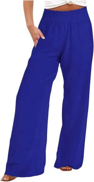 Womens Wide Leg Pants Smocked Elastic High Waist Flowy Trousers 2025 Casual Summer Beach Boho Culottes with Pockets