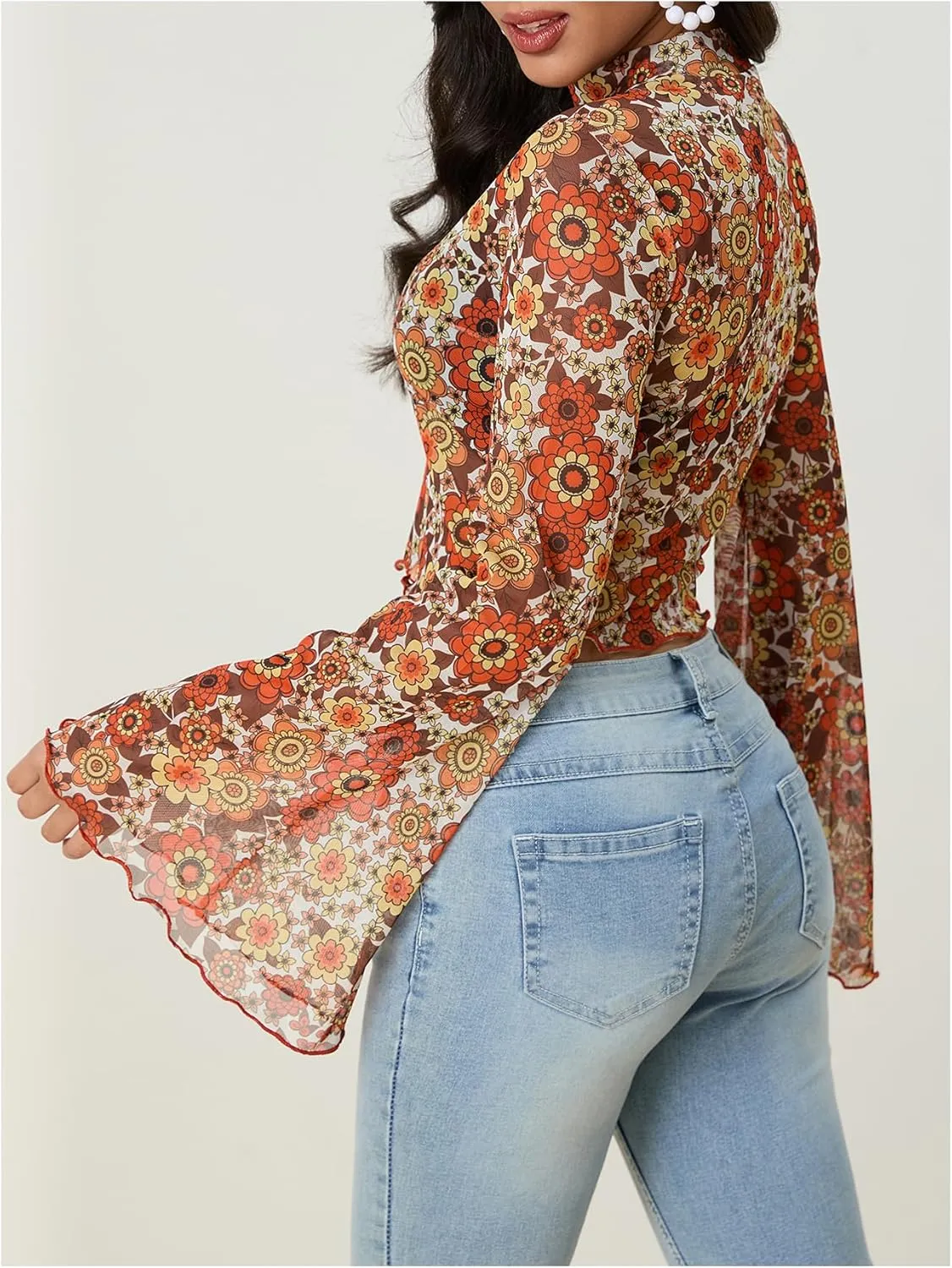 Women's Y2K Floral 70s Top Hippie Shirt Sheer Mesh Tee Shirt Disco Long Bell Sleeve T Shirts Crew Neck Boho Crop Tops