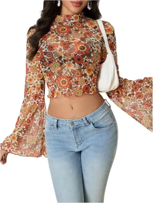 Women's Y2K Floral 70s Top Hippie Shirt Sheer Mesh Tee Shirt Disco Long Bell Sleeve T Shirts Crew Neck Boho Crop Tops