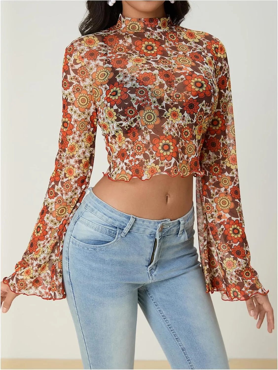 Women's Y2K Floral 70s Top Hippie Shirt Sheer Mesh Tee Shirt Disco Long Bell Sleeve T Shirts Crew Neck Boho Crop Tops