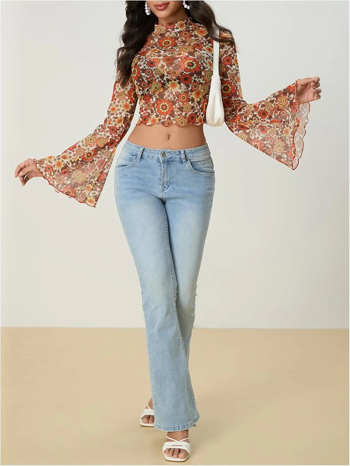 Women's Y2K Floral 70s Top Hippie Shirt Sheer Mesh Tee Shirt Disco Long Bell Sleeve T Shirts Crew Neck Boho Crop Tops
