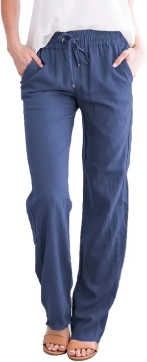 Womens Y2k Summer Casual Linen Trousers Elastic Waist Pants Wide-Leg Straight Leg Loose Comfy Sweatpants