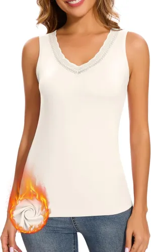 WOWENY Women Lace V Neck Sleeveless Thermal Tank Top Fleece Lined Underwear Top Warm Camisole Winter Base Layer