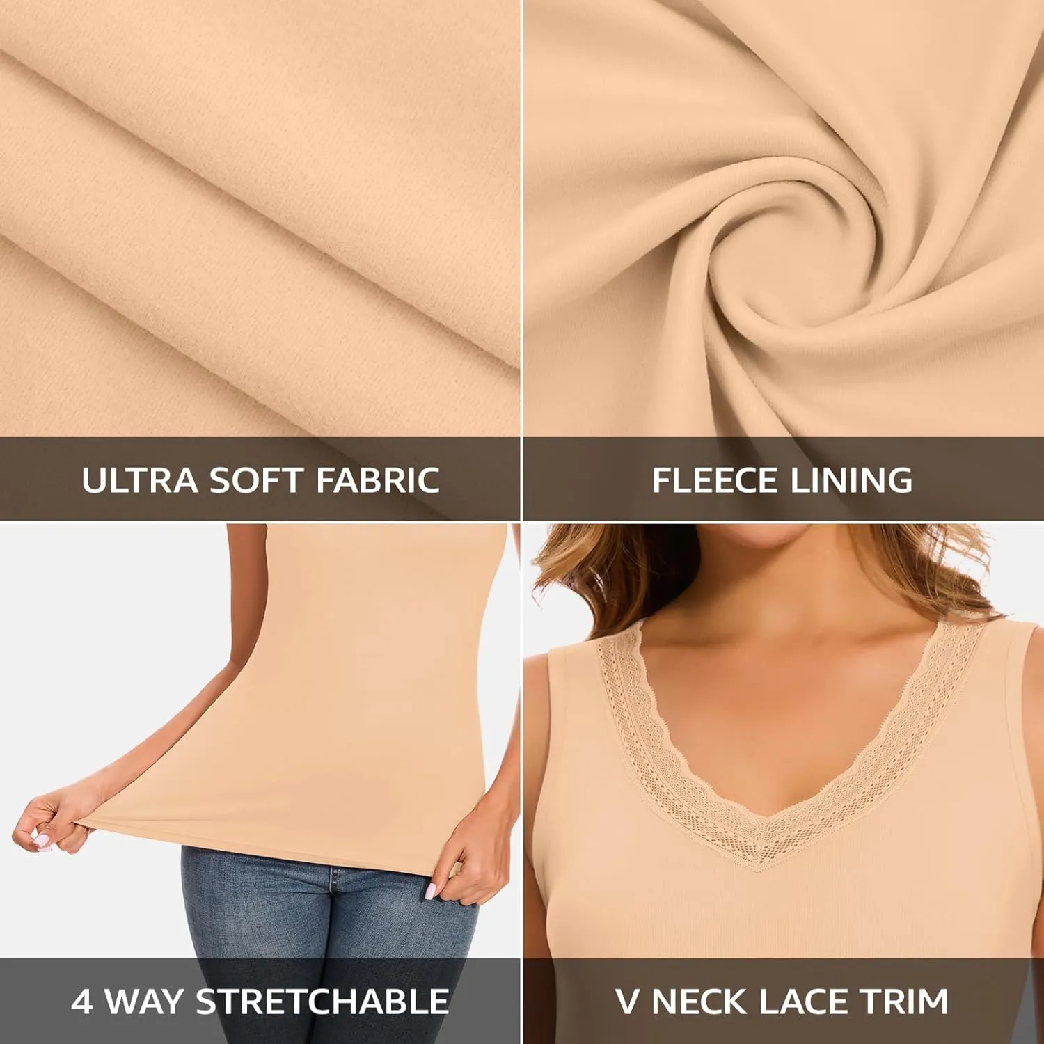 WOWENY Women Lace V Neck Sleeveless Thermal Tank Top Fleece Lined Underwear Top Warm Camisole Winter Base Layer
