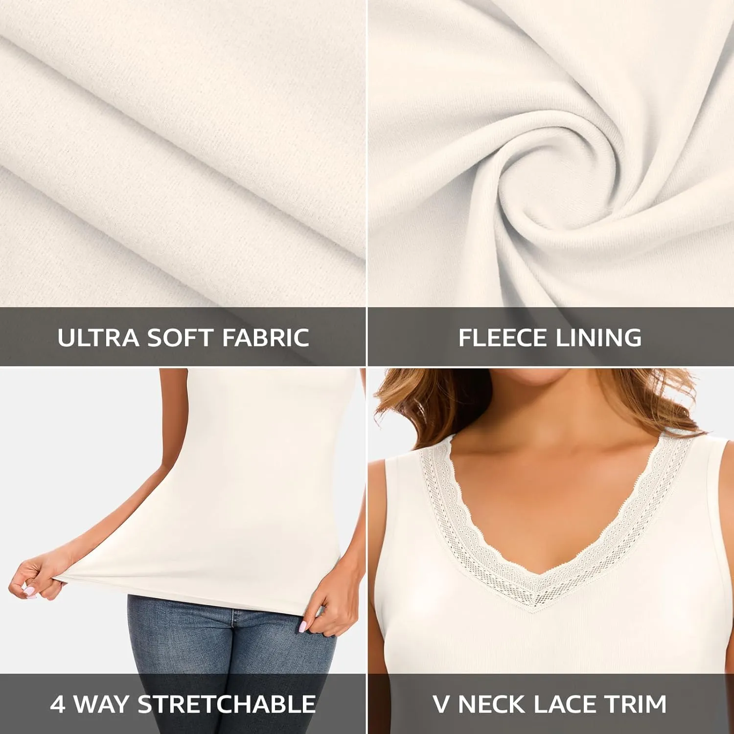 WOWENY Women Lace V Neck Sleeveless Thermal Tank Top Fleece Lined Underwear Top Warm Camisole Winter Base Layer