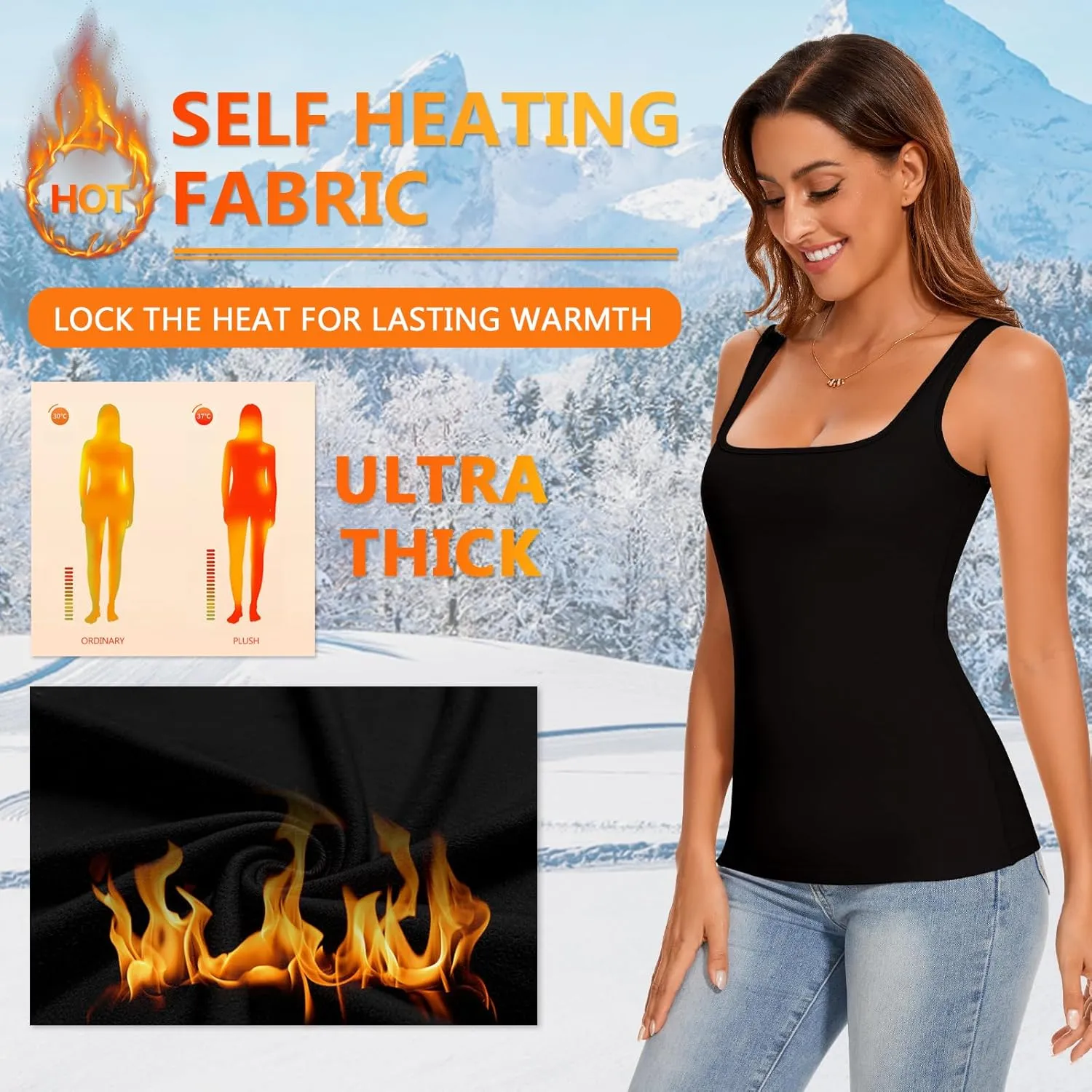 WOWENY Women Sleeveless Thermal Tank Top Fleece Lined Underwear Top Warm Camisole Square Neck Winter Base Layer