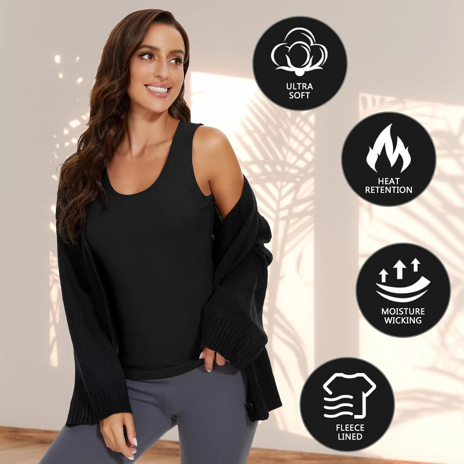 WOWENY Women Sleeveless Thermal Tank Top for Cold Weather Fleece Lined Underwear Top Warm Camisole Base Layer Vest Lingerie