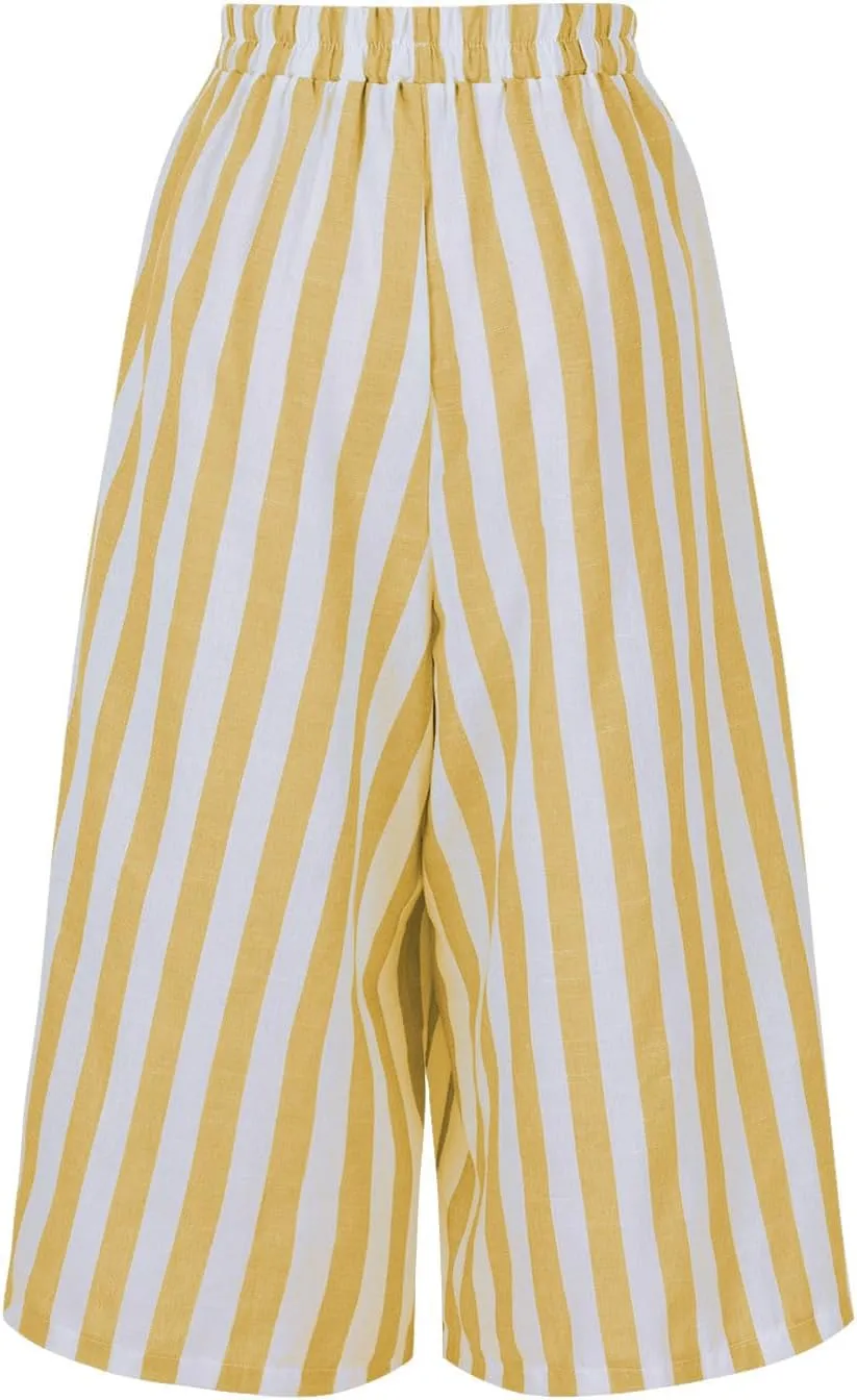 Xiaojmake Womens Wide Leg Palazzo Pants Linen Drawstring Cropped Trousers Y2K A Line Flowy Pants Striped High-Waist Culottes