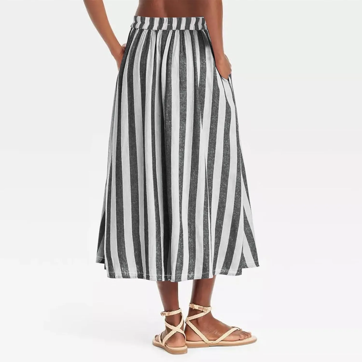 Xiaojmake Womens Wide Leg Palazzo Pants Linen Drawstring Cropped Trousers Y2K A Line Flowy Pants Striped High-Waist Culottes