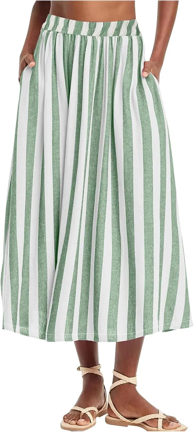 Xiaojmake Womens Wide Leg Palazzo Pants Linen Drawstring Cropped Trousers Y2K A Line Flowy Pants Striped High-Waist Culottes