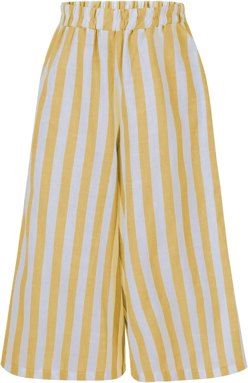 Xiaojmake Womens Wide Leg Palazzo Pants Linen Drawstring Cropped Trousers Y2K A Line Flowy Pants Striped High-Waist Culottes