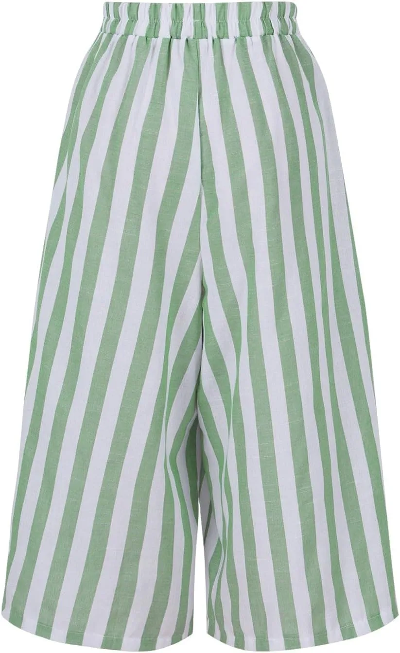 Xiaojmake Womens Wide Leg Palazzo Pants Linen Drawstring Cropped Trousers Y2K A Line Flowy Pants Striped High-Waist Culottes