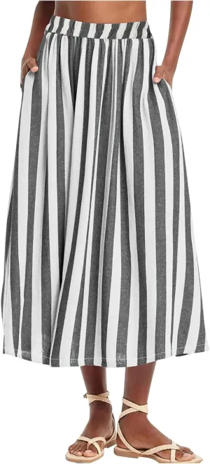 Xiaojmake Womens Wide Leg Palazzo Pants Linen Drawstring Cropped Trousers Y2K A Line Flowy Pants Striped High-Waist Culottes