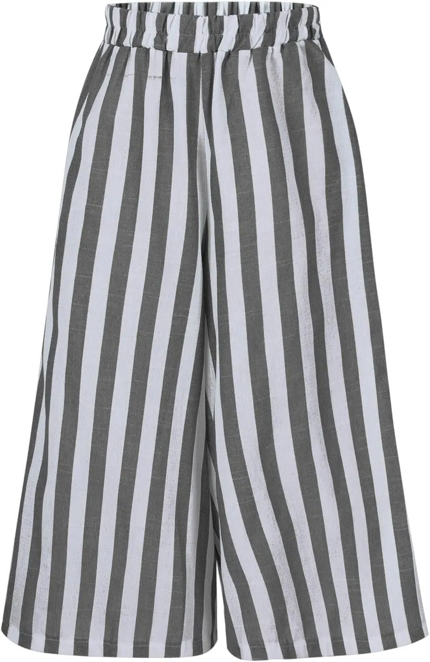 Xiaojmake Womens Wide Leg Palazzo Pants Linen Drawstring Cropped Trousers Y2K A Line Flowy Pants Striped High-Waist Culottes