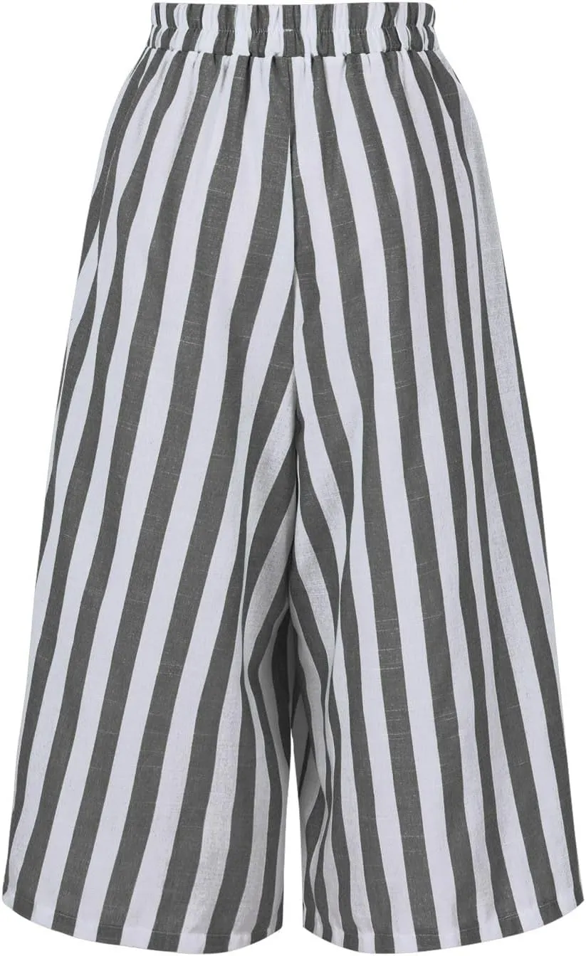 Xiaojmake Womens Wide Leg Palazzo Pants Linen Drawstring Cropped Trousers Y2K A Line Flowy Pants Striped High-Waist Culottes