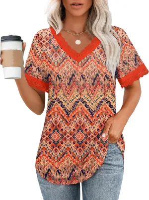 XIEERDUO V Neck T Shirts for Women Lace Sleeve Ladies Tops and Blouses Summer Outfits Basic Tee