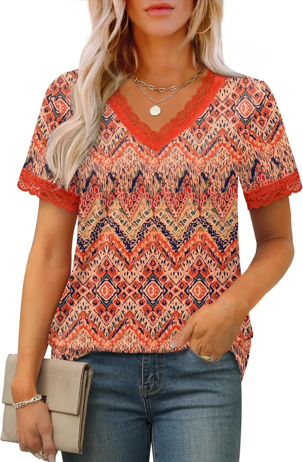 XIEERDUO V Neck T Shirts for Women Lace Sleeve Ladies Tops and Blouses Summer Outfits Basic Tee