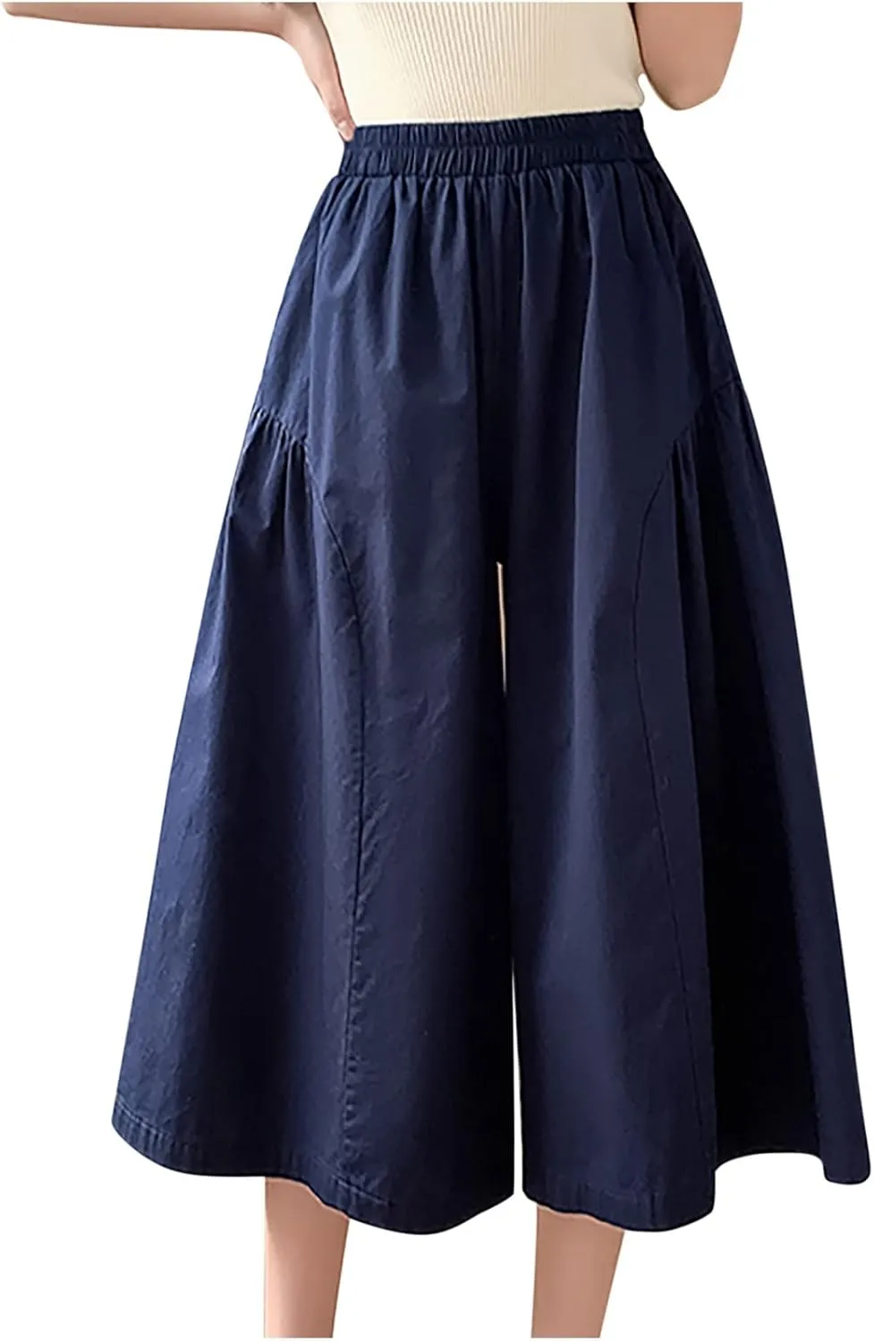 XUNRYAN Womens Culottes Pants Flowy Capri Pants Elastic High Waist Summer Casual Boho Skirt Pants Beach Trousers Outfits