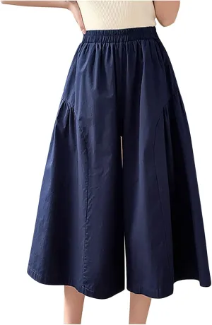 XUNRYAN Womens Culottes Pants Flowy Capri Pants Elastic High Waist Summer Casual Boho Skirt Pants Beach Trousers Outfits