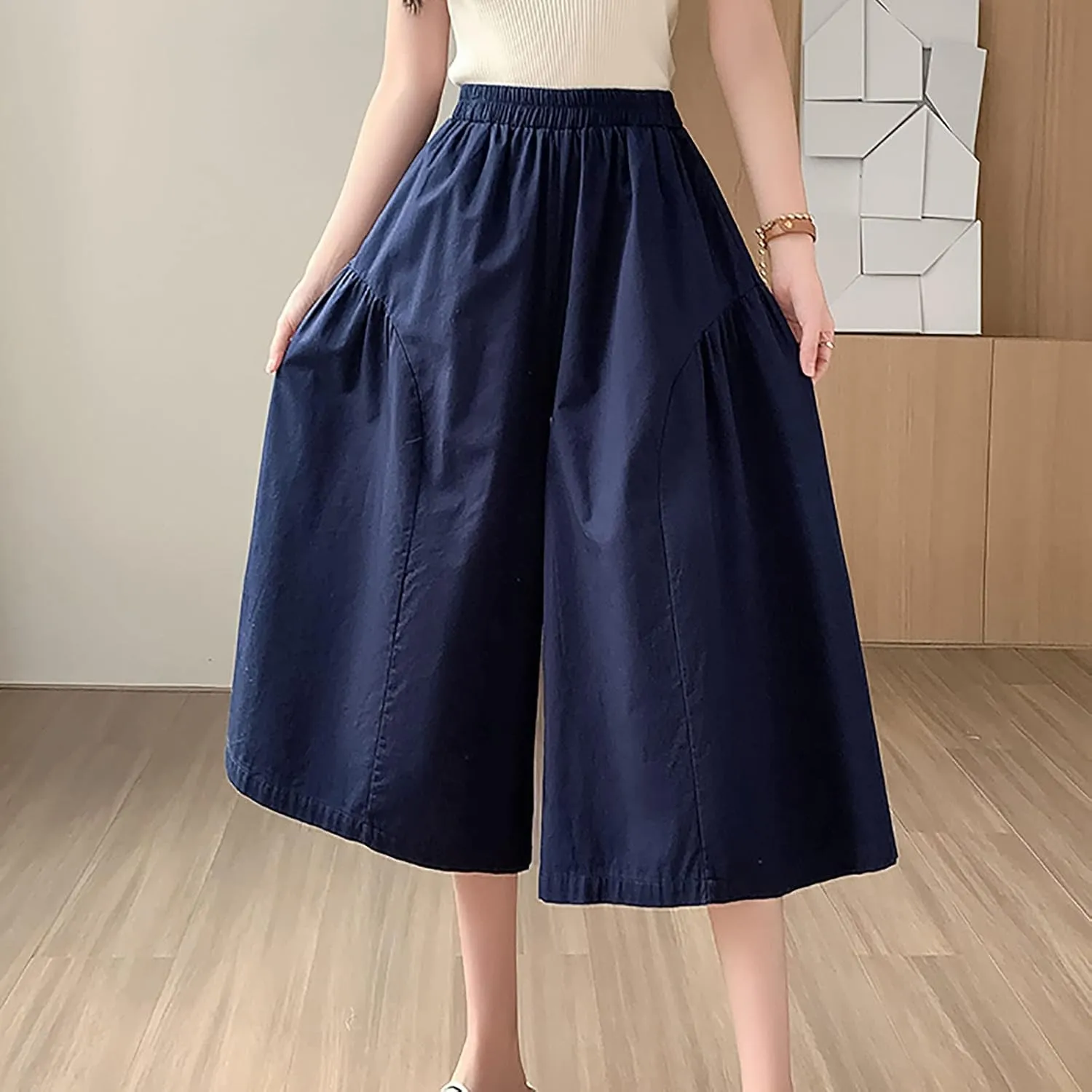 XUNRYAN Womens Culottes Pants Flowy Capri Pants Elastic High Waist Summer Casual Boho Skirt Pants Beach Trousers Outfits