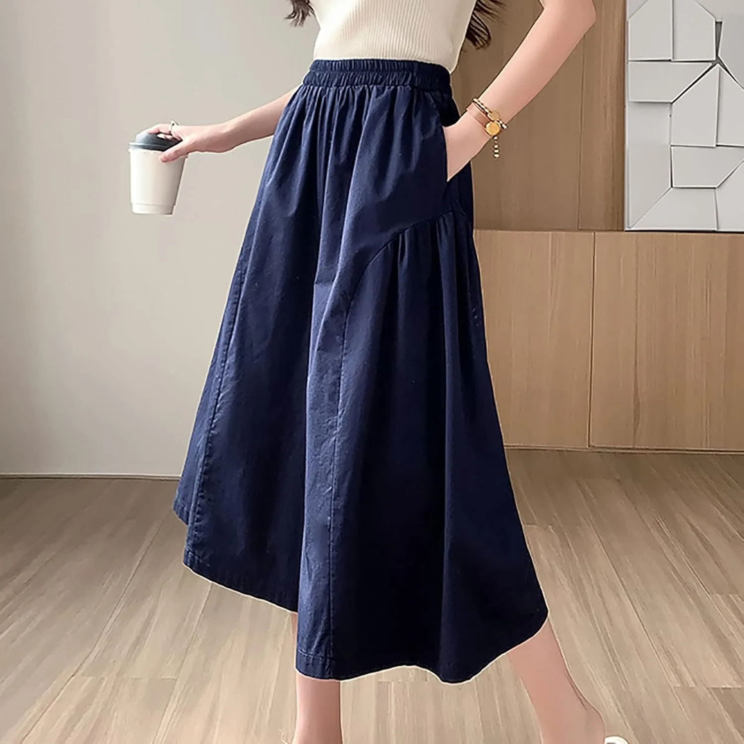 XUNRYAN Womens Culottes Pants Flowy Capri Pants Elastic High Waist Summer Casual Boho Skirt Pants Beach Trousers Outfits