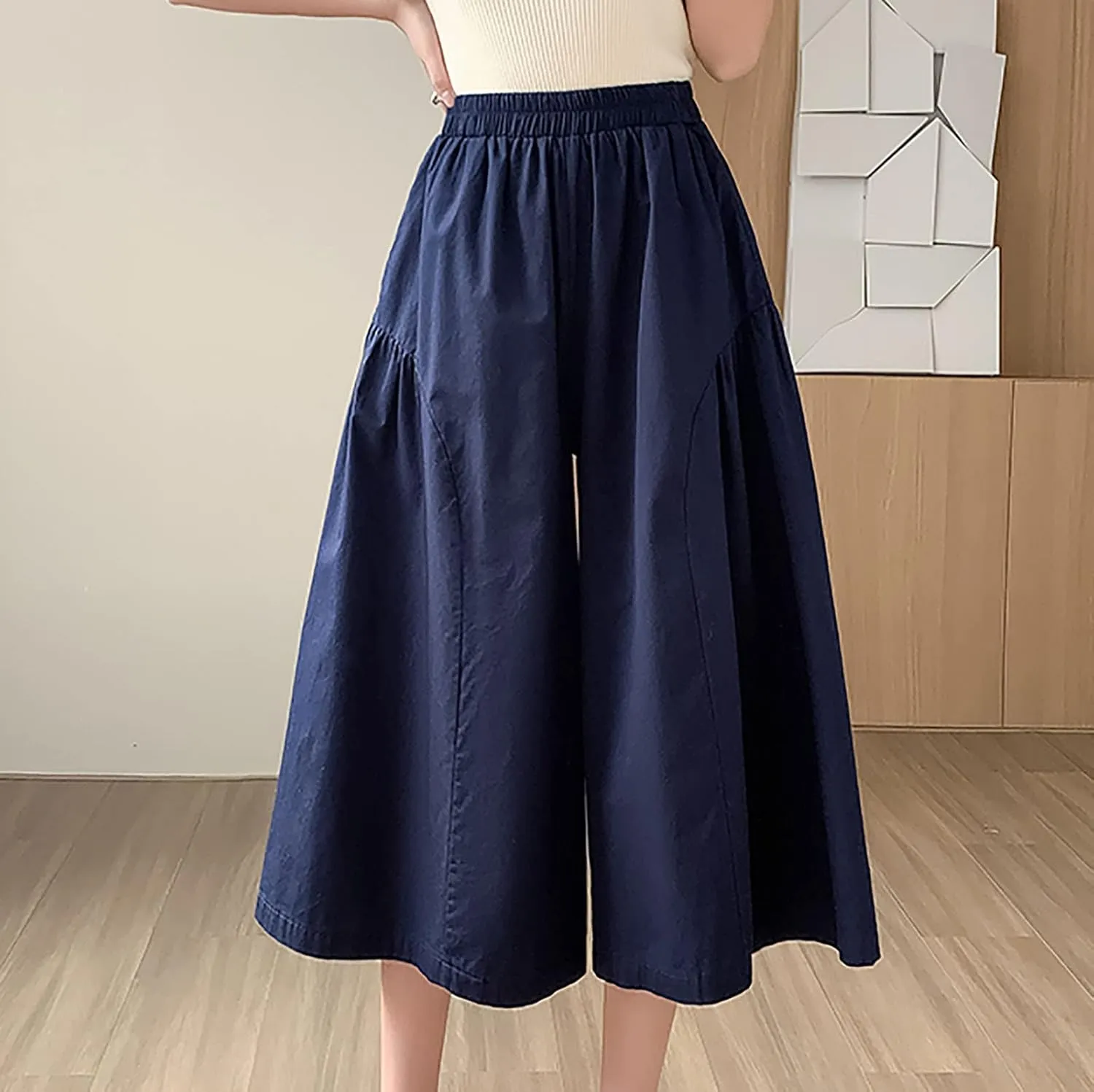 XUNRYAN Womens Culottes Pants Flowy Capri Pants Elastic High Waist Summer Casual Boho Skirt Pants Beach Trousers Outfits