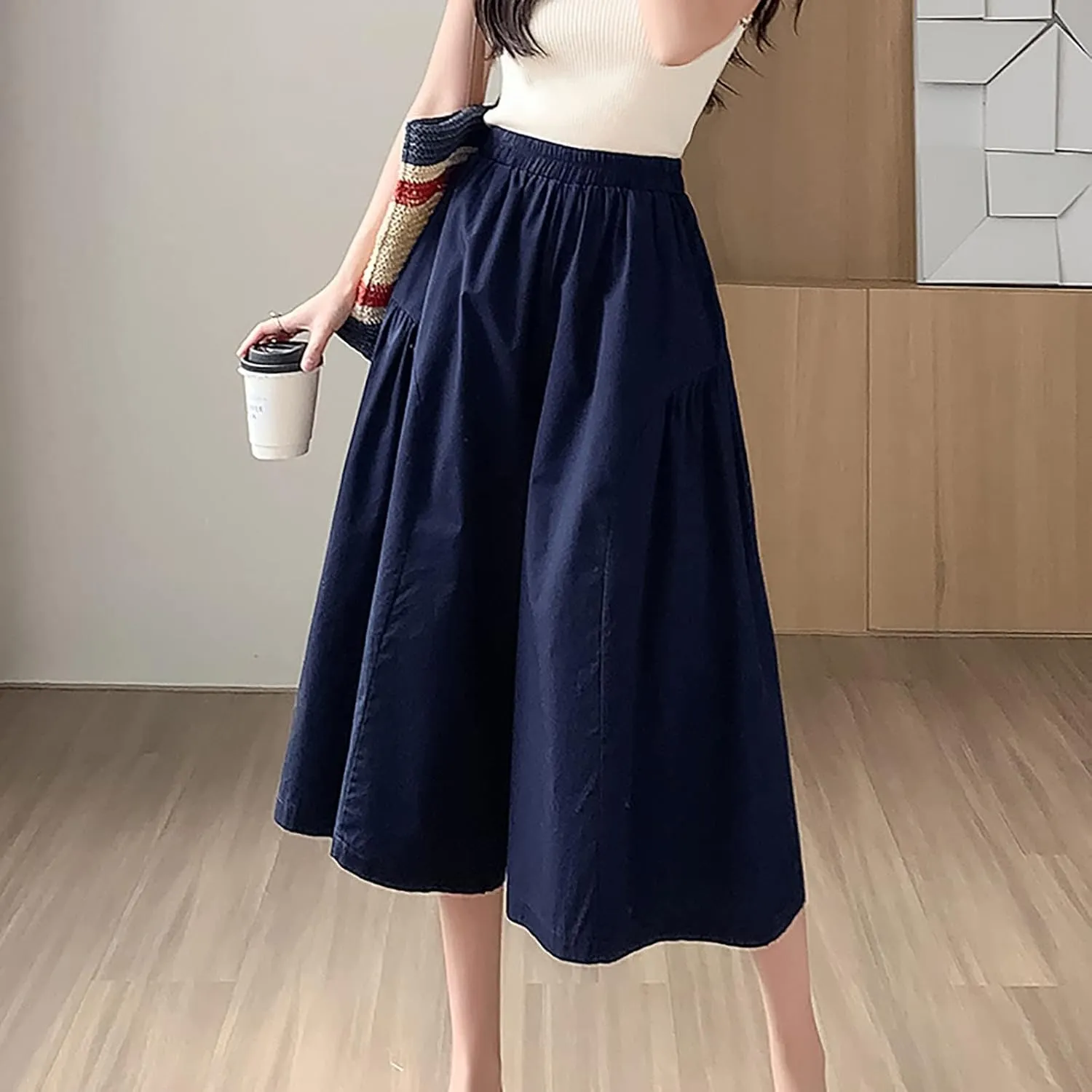 XUNRYAN Womens Culottes Pants Flowy Capri Pants Elastic High Waist Summer Casual Boho Skirt Pants Beach Trousers Outfits