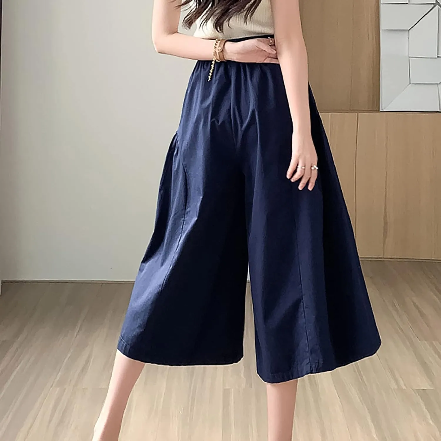 XUNRYAN Womens Culottes Pants Flowy Capri Pants Elastic High Waist Summer Casual Boho Skirt Pants Beach Trousers Outfits