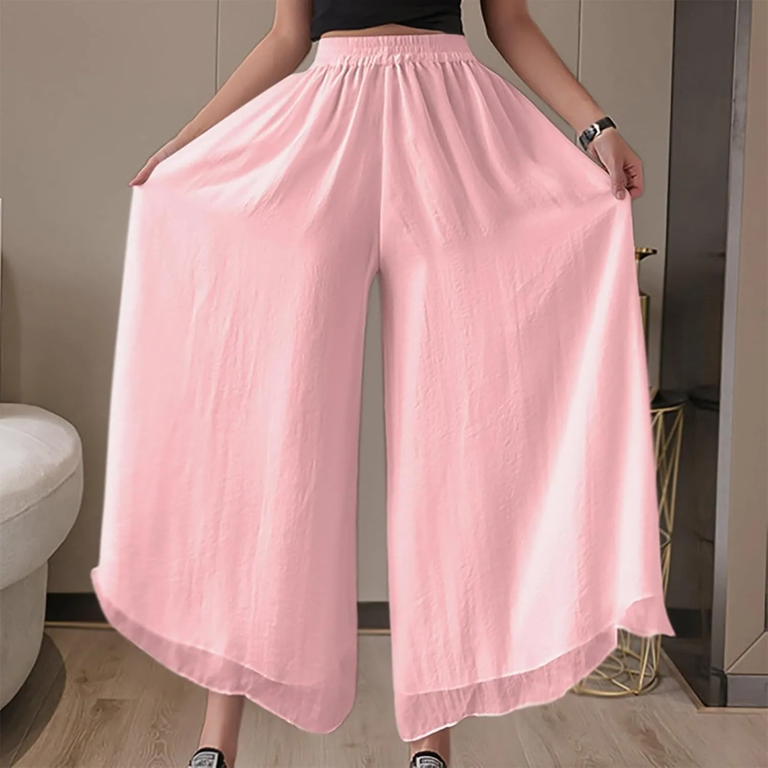 yardsong Palazzo Pants for Women Dressy Flowy Wide Leg Chiffon Pants Fashion High Waisted Party Wedding Casual Culottes