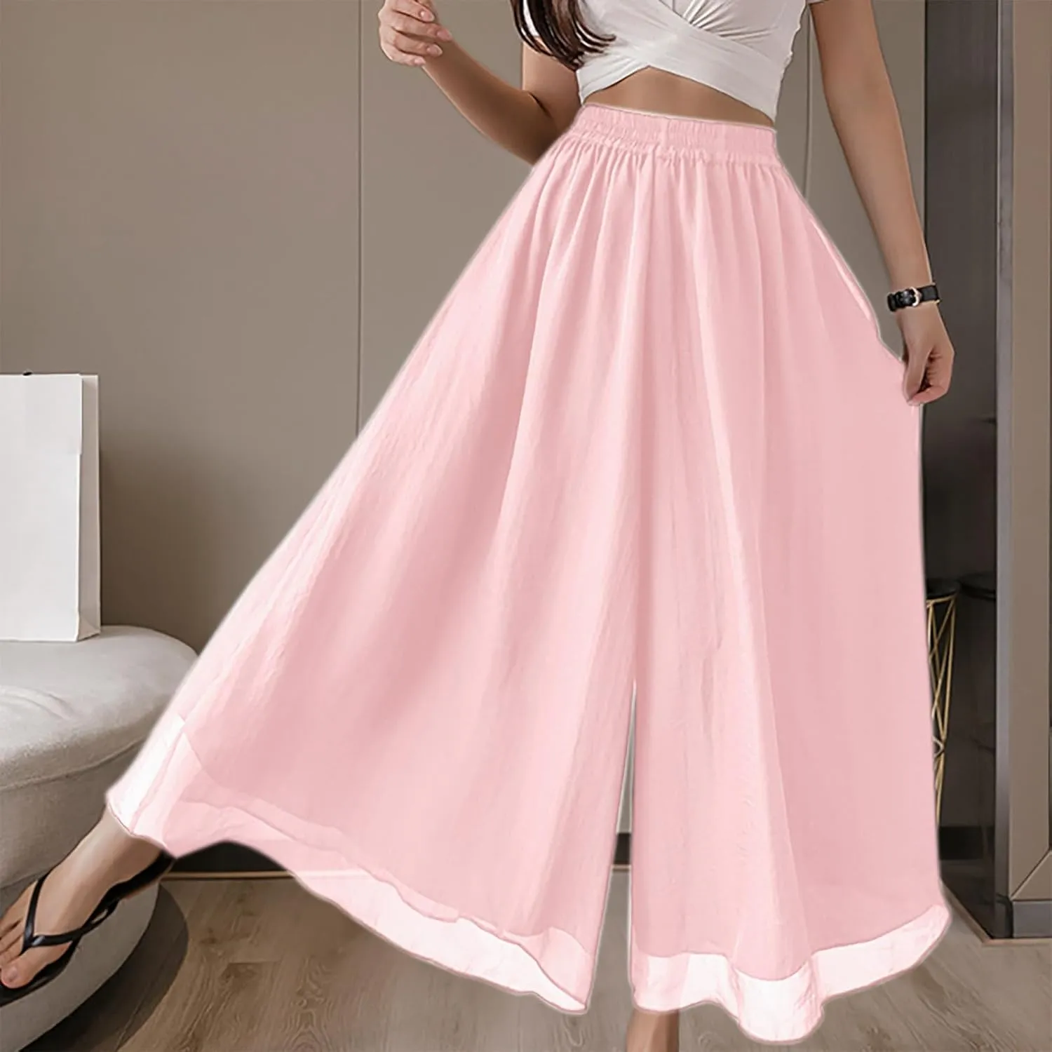 yardsong Palazzo Pants for Women Dressy Flowy Wide Leg Chiffon Pants Fashion High Waisted Party Wedding Casual Culottes