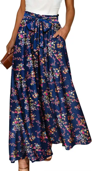 YESNO Women Wide Leg Pants High Waisted Floral Boho Palazzo Culottes Casual Flowy Tie Knot Trousers with Pockets PPS
